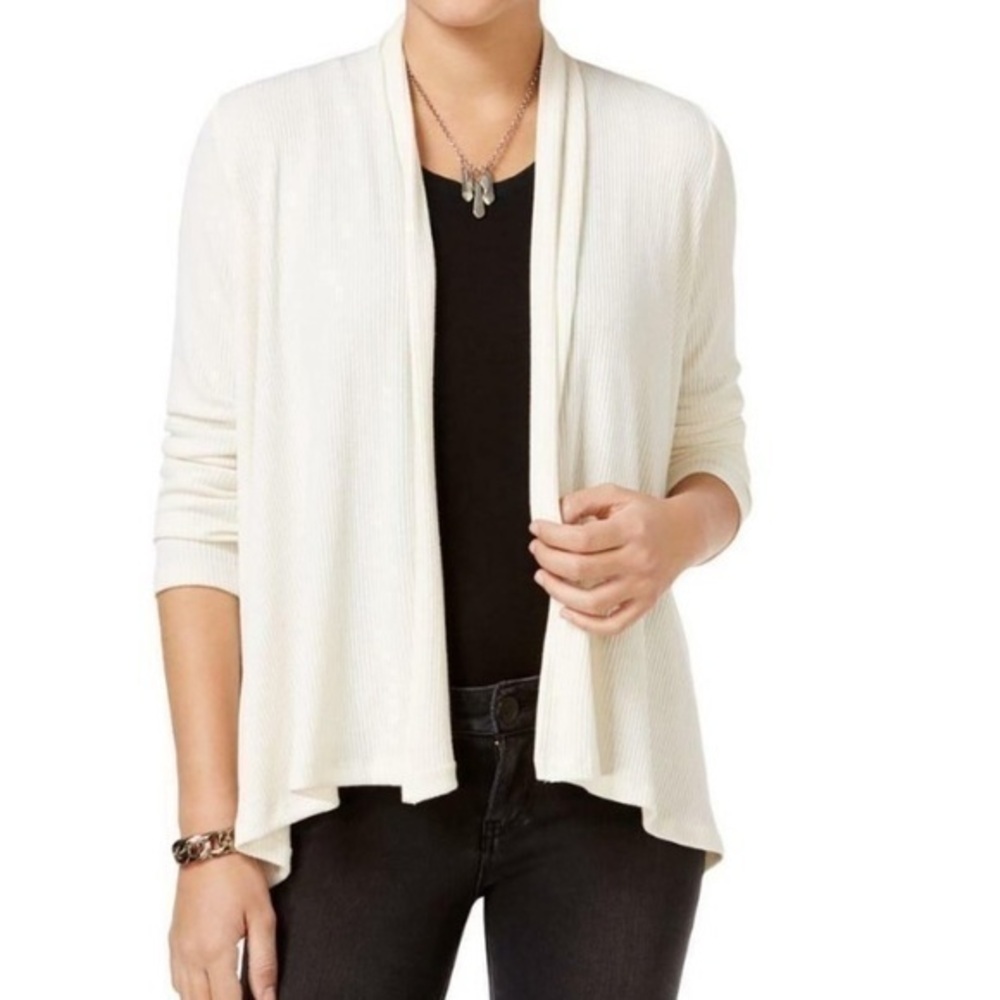 Bar III open front draped ribbed stretch cardigan L